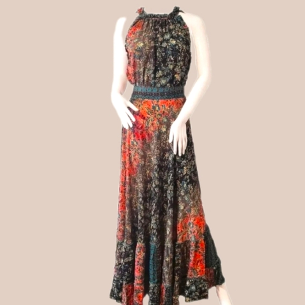 Boho Floral Halter Maxi Dress in Black and Red